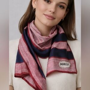 Vintage 70s Dorce Red White Blue Herringbone Silk Scarf